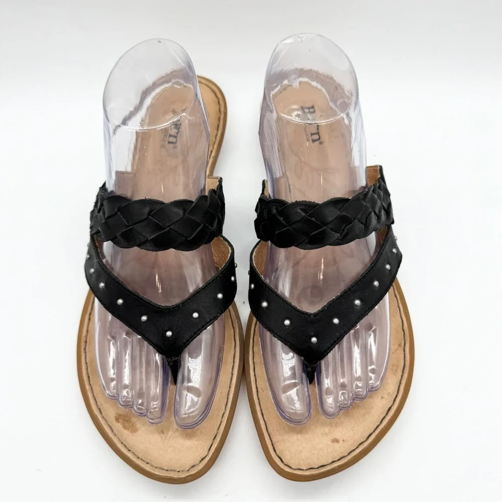Born Braided Strap Thong Sandals Slip On Flats Black Leather Size 11 Boho Casual